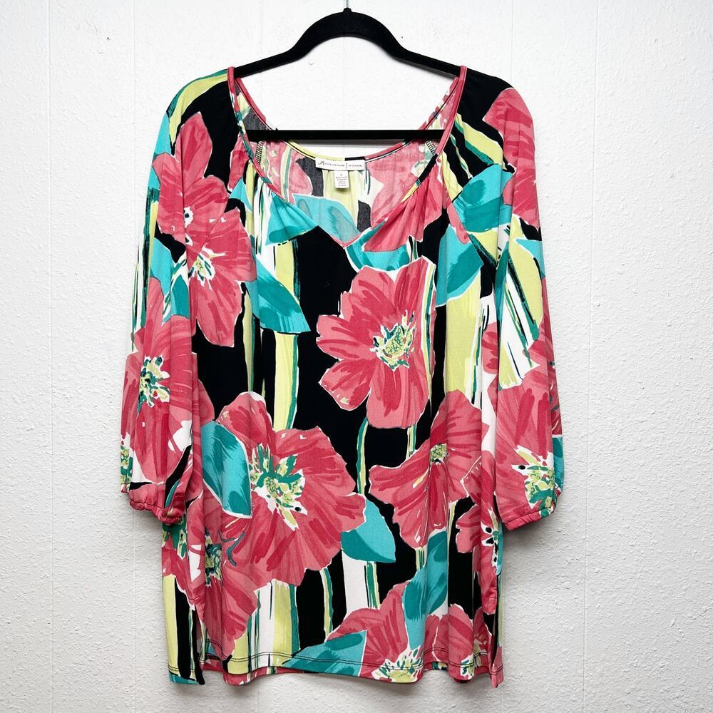 M Collection Floral Top Womens 1X Vibrant Colorful Spring Summer Casual Stretch